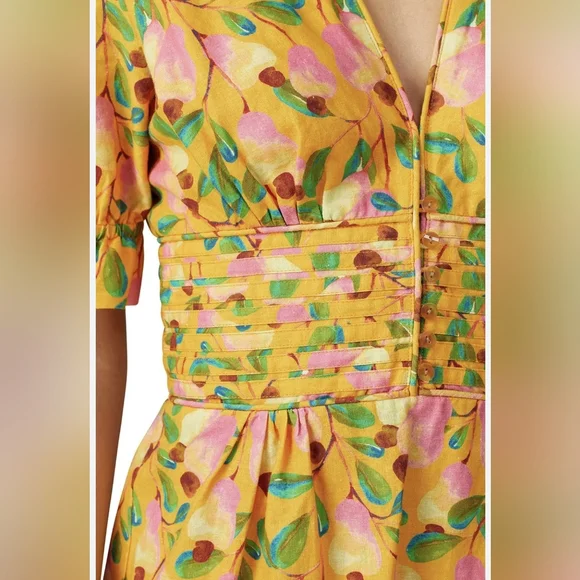 Farm Rio Yellow Floral Linen Cashew Dress Size Med - Picture 2 of 6